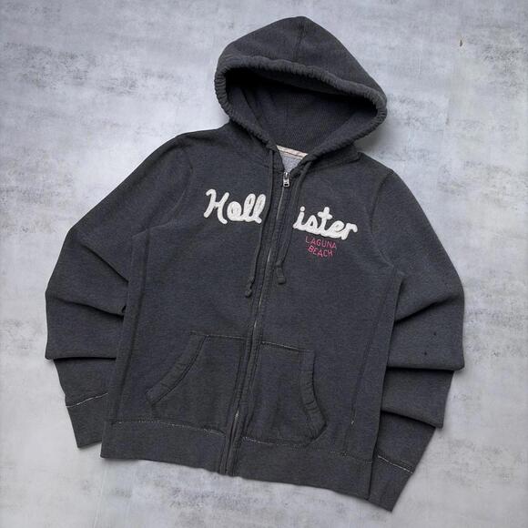 Y2K Grey Hollister Surf Grunge Thermal Zip Up Hoodie - Picture 2 of 7